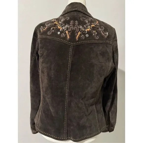 Coldwater Creek brown suede Leather stitching details sequin beaded embellishmen - Picture 8 of 10